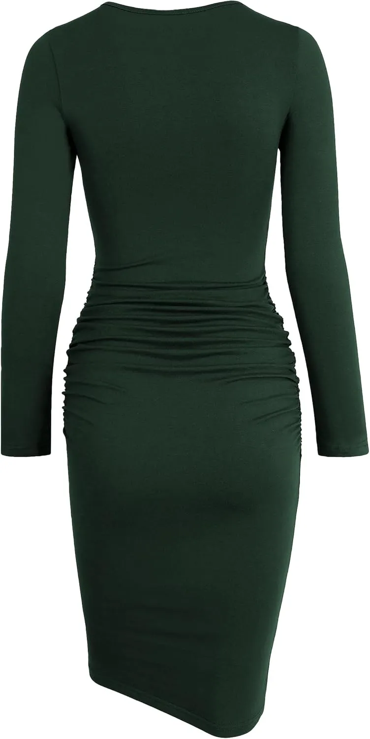 Missufe Women's Long Sleeve Ruched Casual Sundress Bodycon Sheath Knee Length Dress