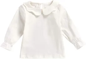 MODNTOGA Kids Baby Girl Long Sleeve Collar Shirt Toddler White Blouse Puff Short Sleeve T-Shirt Solid Color Basic Top Bottom