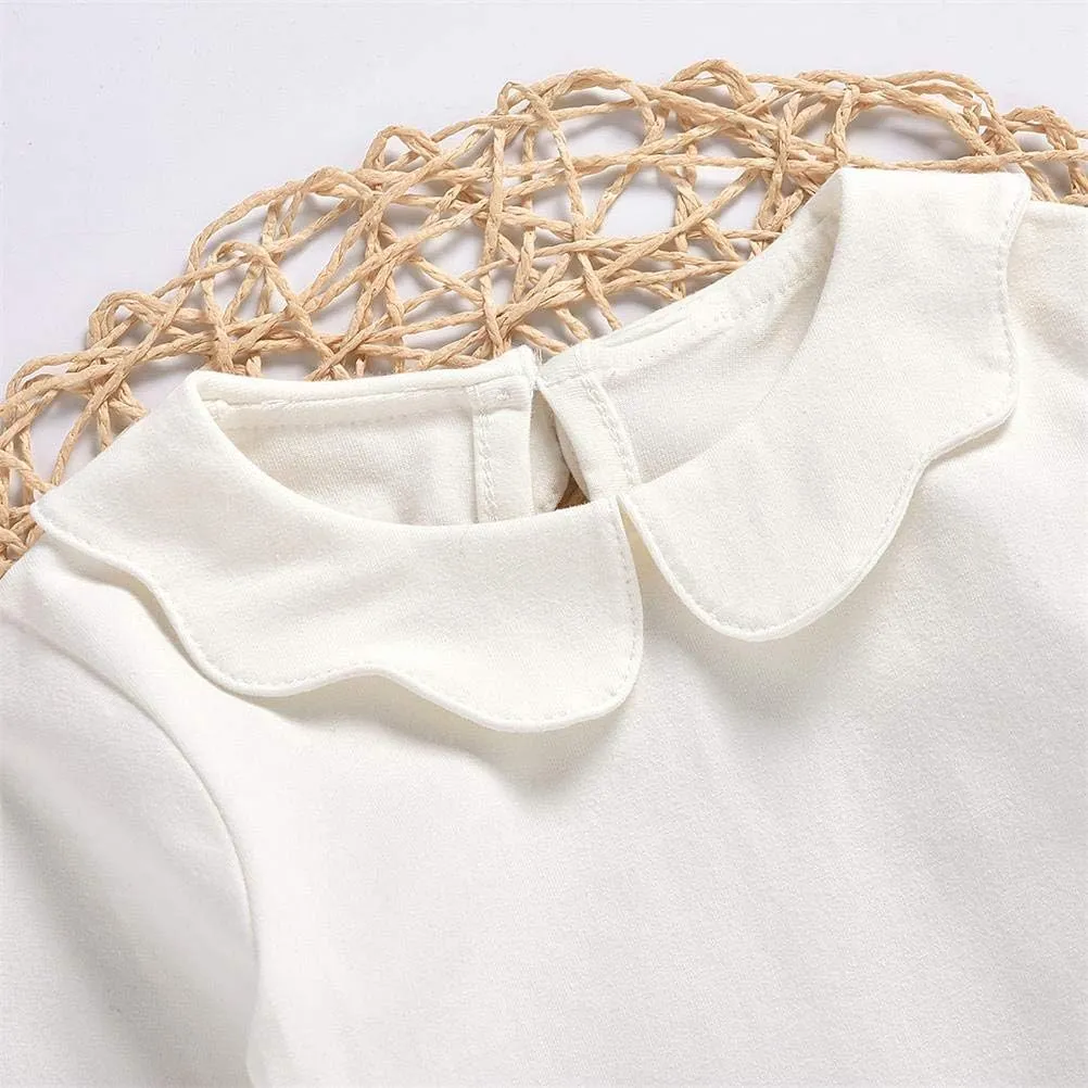 MODNTOGA Kids Baby Girl Long Sleeve Collar Shirt Toddler White Blouse Puff Short Sleeve T-Shirt Solid Color Basic Top Bottom