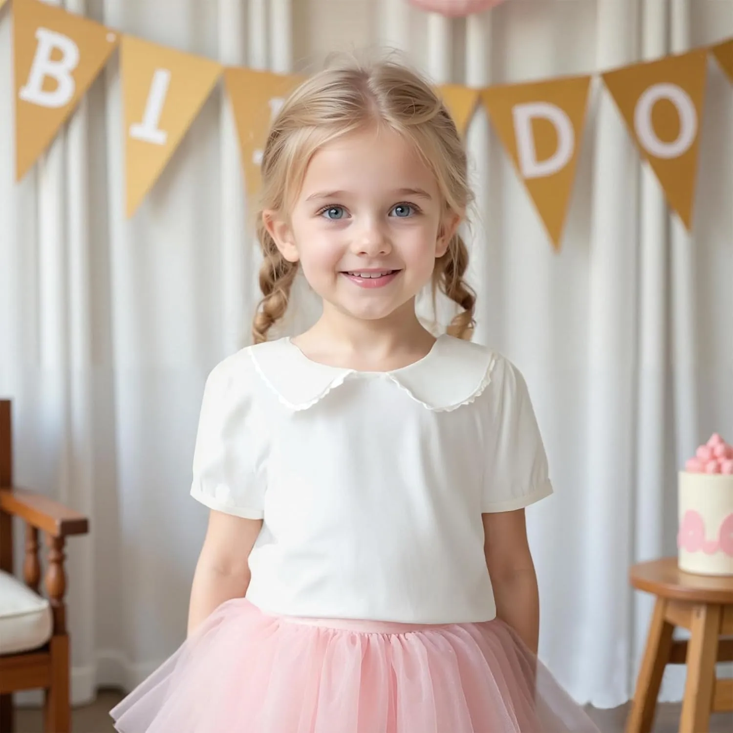 MODNTOGA Kids Baby Girl Long Sleeve Collar Shirt Toddler White Blouse Puff Short Sleeve T-Shirt Solid Color Basic Top Bottom