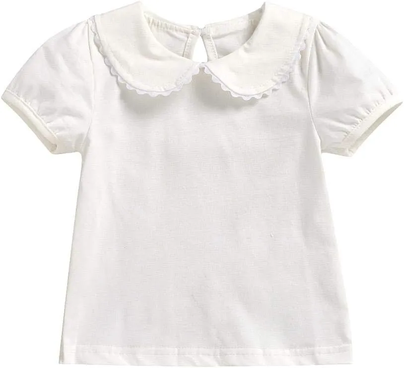 MODNTOGA Kids Baby Girl Long Sleeve Collar Shirt Toddler White Blouse Puff Short Sleeve T-Shirt Solid Color Basic Top Bottom