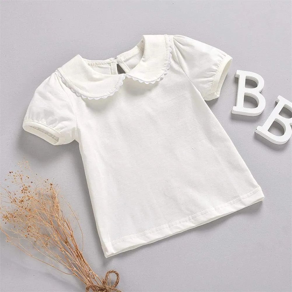 MODNTOGA Kids Baby Girl Long Sleeve Collar Shirt Toddler White Blouse Puff Short Sleeve T-Shirt Solid Color Basic Top Bottom