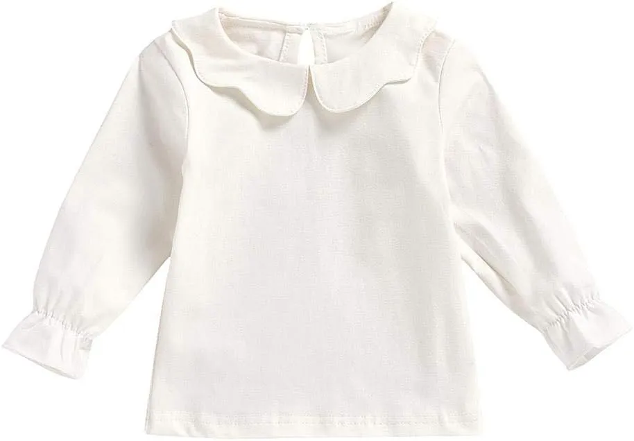 MODNTOGA Kids Baby Girl Long Sleeve Collar Shirt Toddler White Blouse Puff Short Sleeve T-Shirt Solid Color Basic Top Bottom