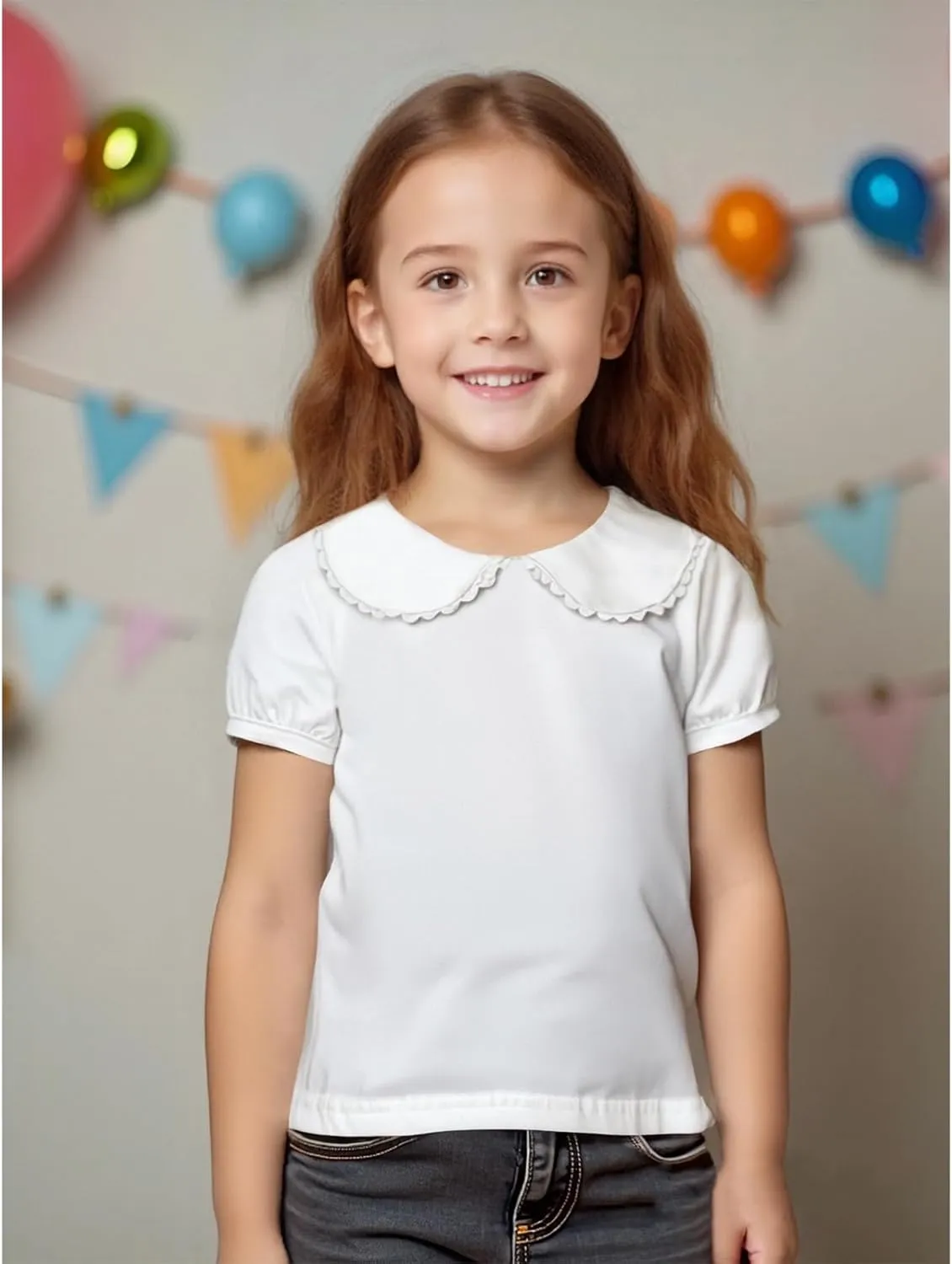 MODNTOGA Kids Baby Girl Long Sleeve Collar Shirt Toddler White Blouse Puff Short Sleeve T-Shirt Solid Color Basic Top Bottom