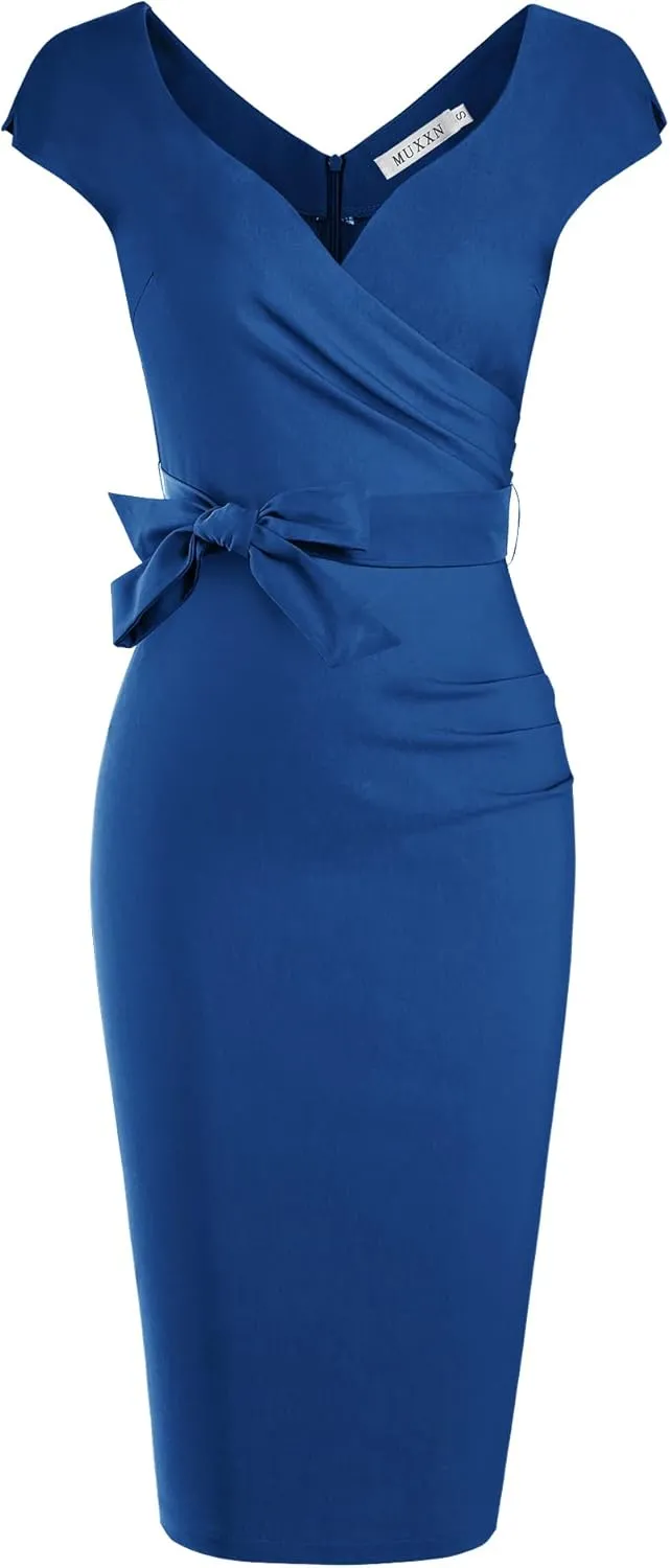 MUXXN Women's Vintage 1950s Style Wrap V Neck Tie Waist Formal Cocktail Dress