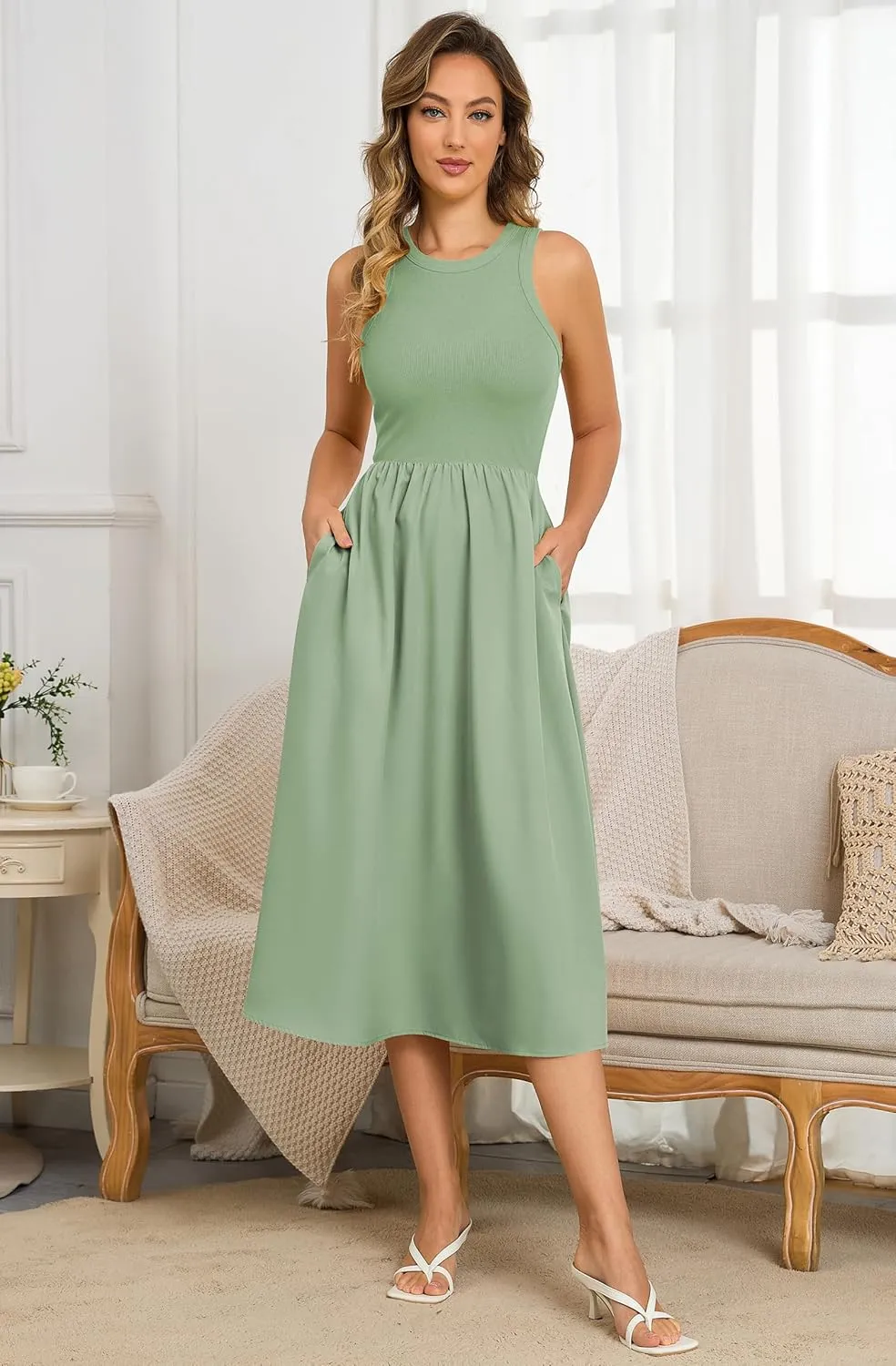 Naggoo Women's Sleeveless Dress Summer Casual Flowy Sundress Knit Tank Top Racerback Midi Dresses Pockets