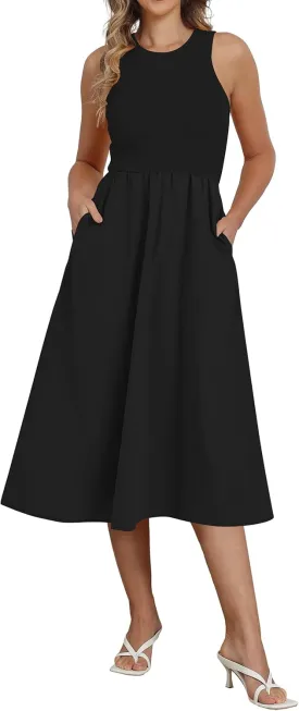 Naggoo Women's Sleeveless Dress Summer Casual Flowy Sundress Knit Tank Top Racerback Midi Dresses Pockets