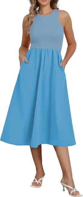 Naggoo Women's Sleeveless Dress Summer Casual Flowy Sundress Knit Tank Top Racerback Midi Dresses Pockets