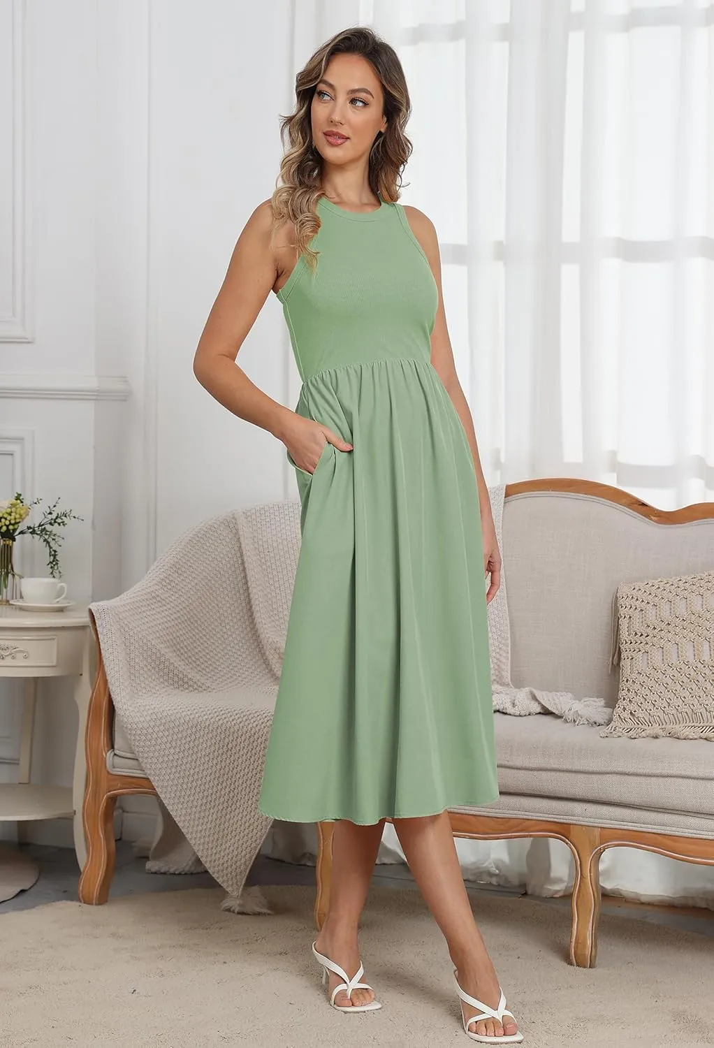 Naggoo Women's Sleeveless Dress Summer Casual Flowy Sundress Knit Tank Top Racerback Midi Dresses Pockets