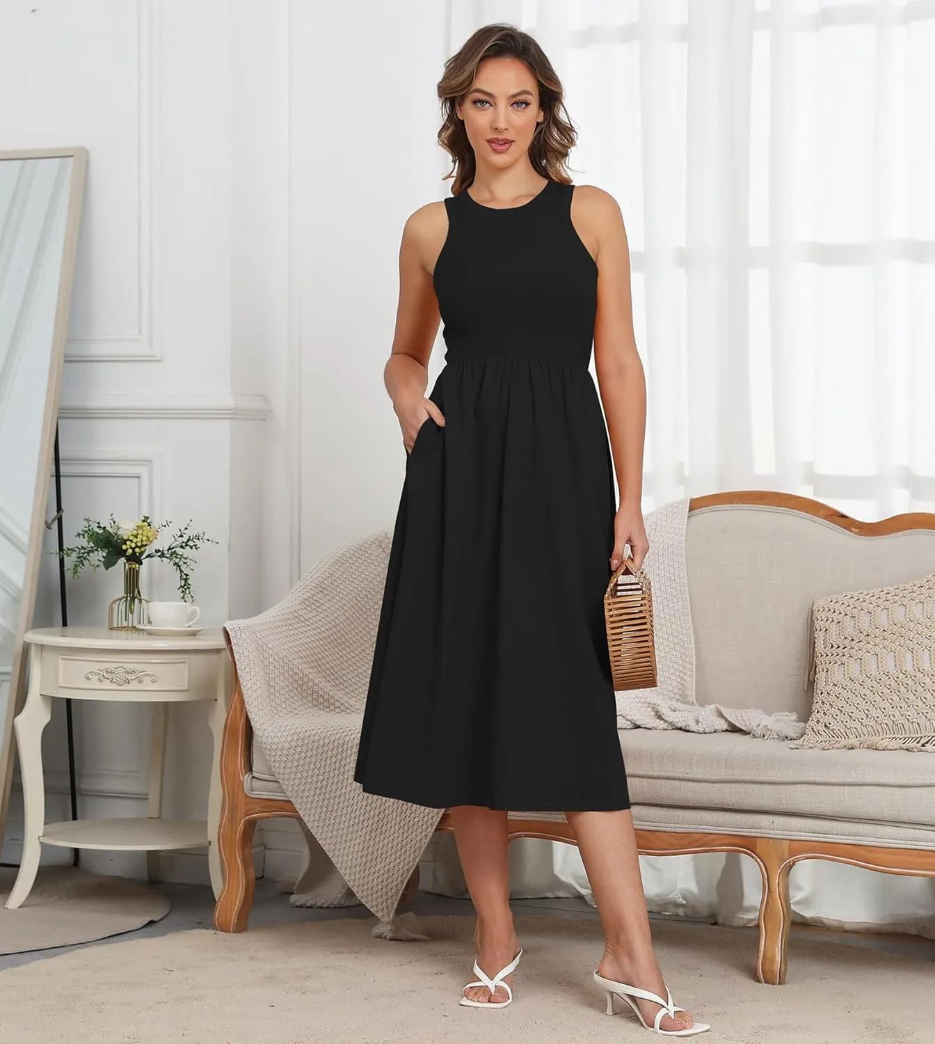 Naggoo Women's Sleeveless Dress Summer Casual Flowy Sundress Knit Tank Top Racerback Midi Dresses Pockets