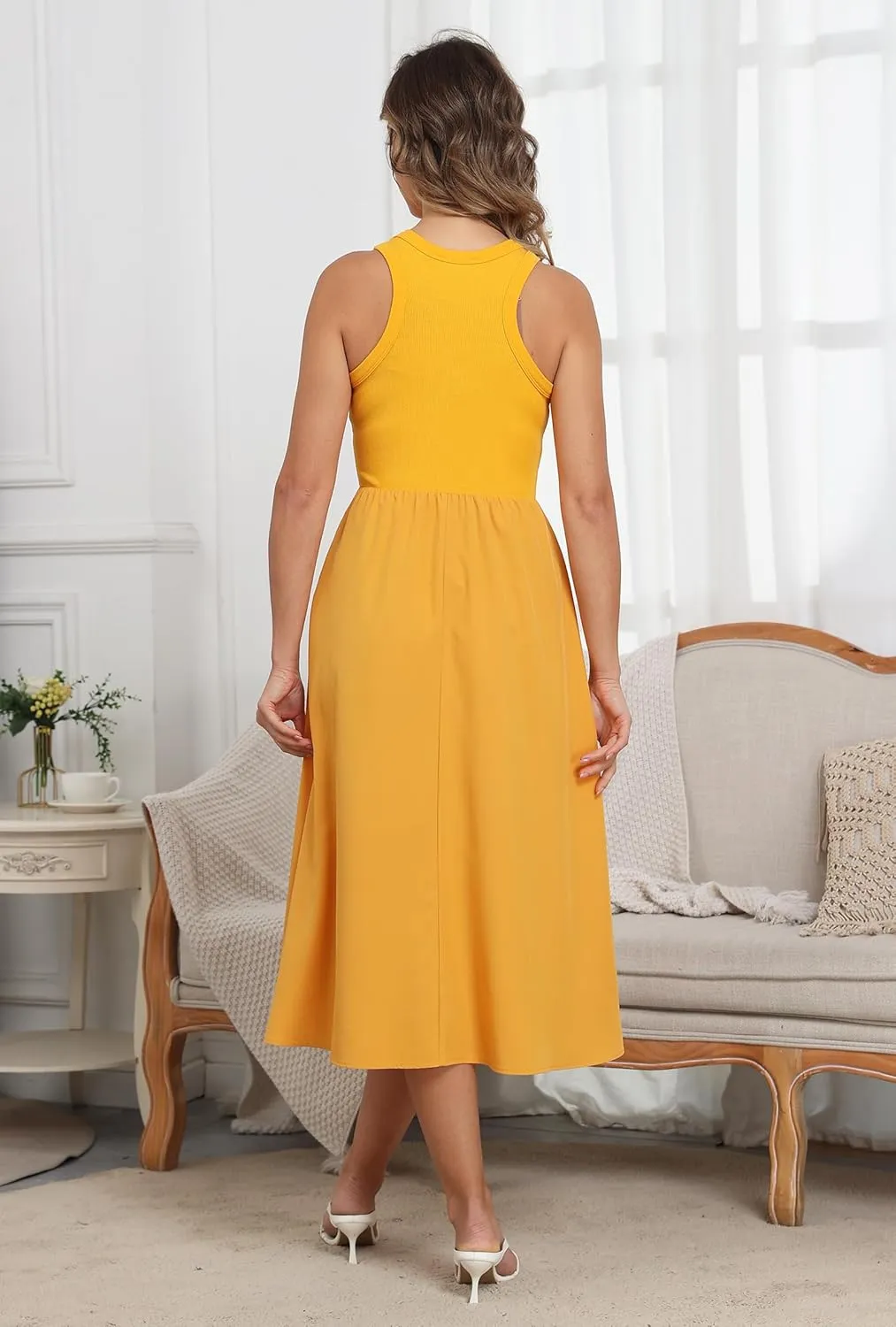 Naggoo Women's Sleeveless Dress Summer Casual Flowy Sundress Knit Tank Top Racerback Midi Dresses Pockets