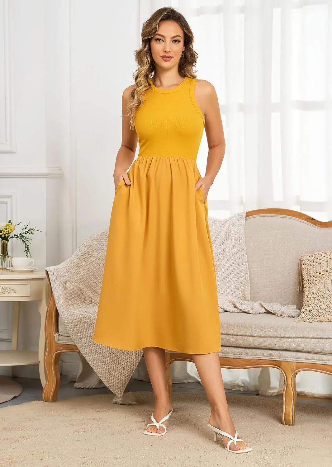 Naggoo Women's Sleeveless Dress Summer Casual Flowy Sundress Knit Tank Top Racerback Midi Dresses Pockets