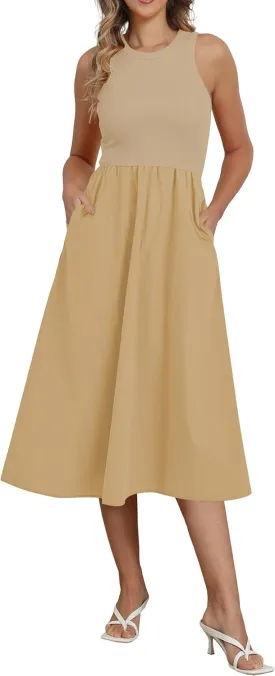 Naggoo Women's Sleeveless Dress Summer Casual Flowy Sundress Knit Tank Top Racerback Midi Dresses Pockets