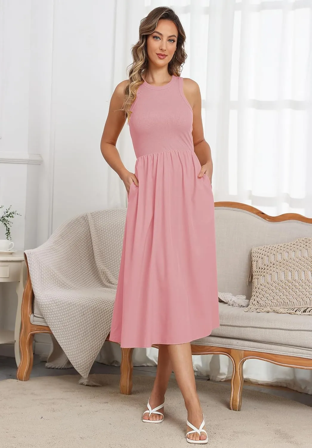 Naggoo Women's Sleeveless Dress Summer Casual Flowy Sundress Knit Tank Top Racerback Midi Dresses Pockets