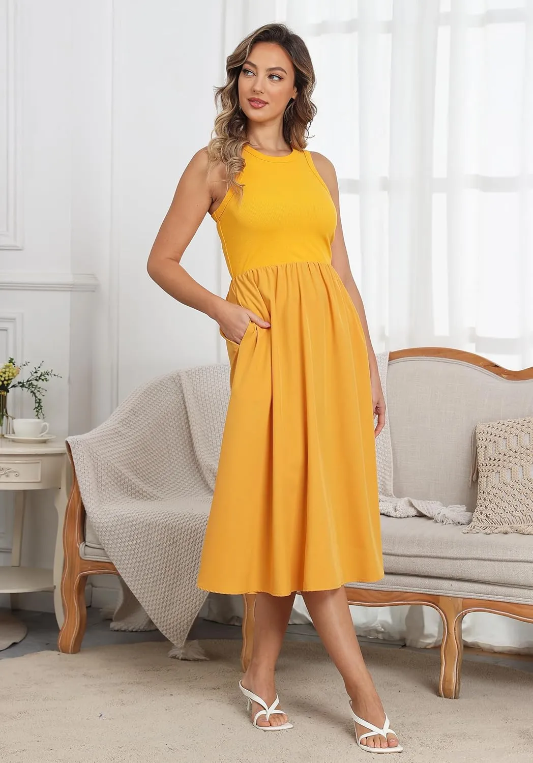 Naggoo Women's Sleeveless Dress Summer Casual Flowy Sundress Knit Tank Top Racerback Midi Dresses Pockets