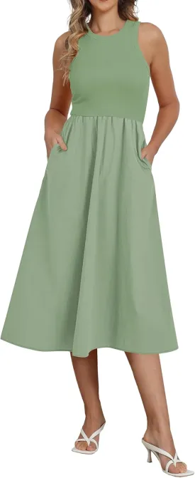 Naggoo Women's Sleeveless Dress Summer Casual Flowy Sundress Knit Tank Top Racerback Midi Dresses Pockets