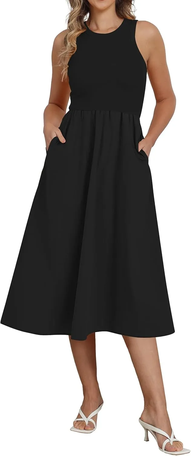 Naggoo Women's Sleeveless Dress Summer Casual Flowy Sundress Knit Tank Top Racerback Midi Dresses Pockets