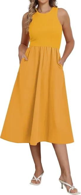 Naggoo Women's Sleeveless Dress Summer Casual Flowy Sundress Knit Tank Top Racerback Midi Dresses Pockets