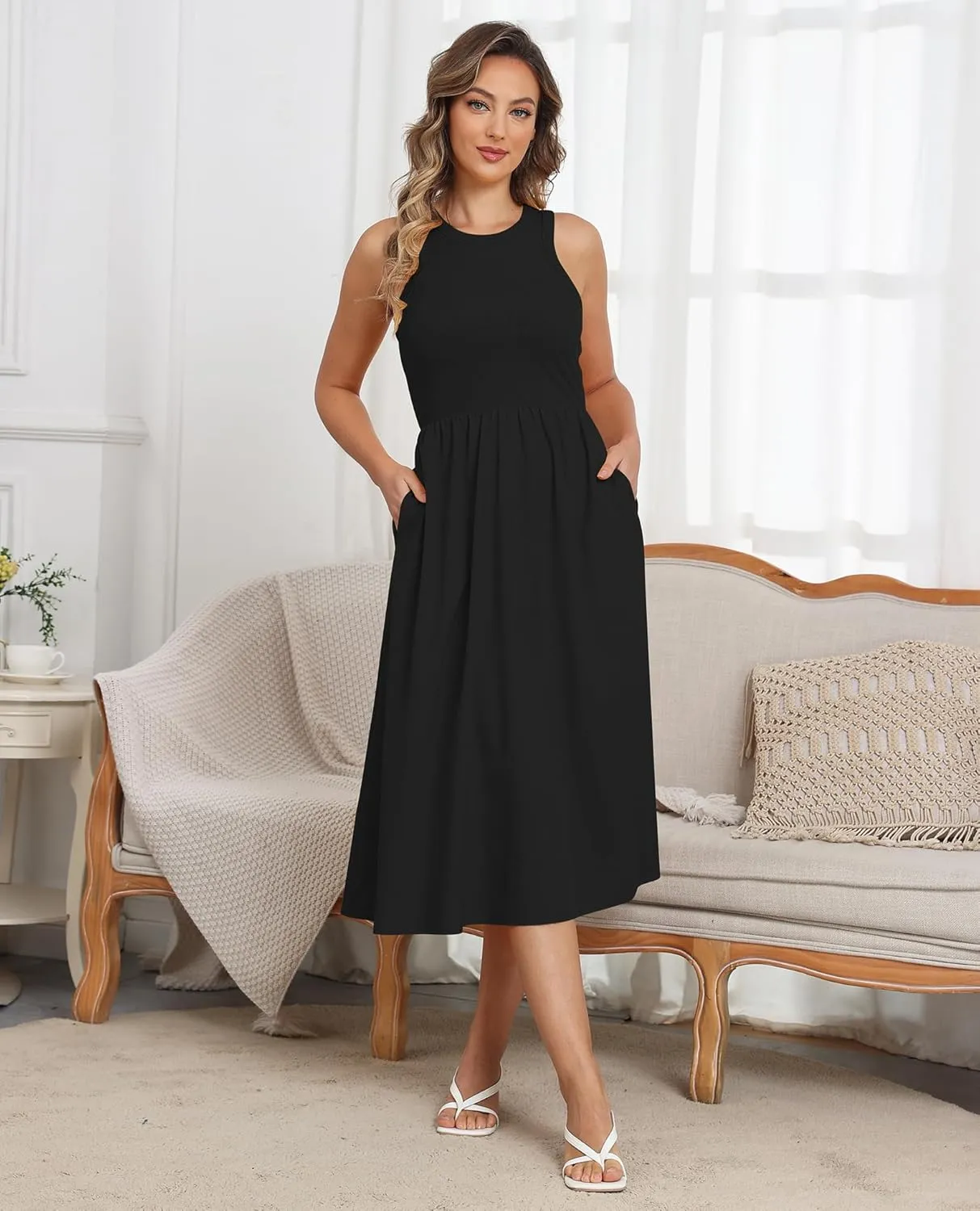 Naggoo Women's Sleeveless Dress Summer Casual Flowy Sundress Knit Tank Top Racerback Midi Dresses Pockets