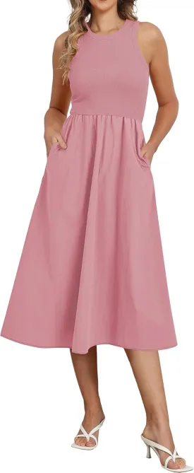 Naggoo Women's Sleeveless Dress Summer Casual Flowy Sundress Knit Tank Top Racerback Midi Dresses Pockets