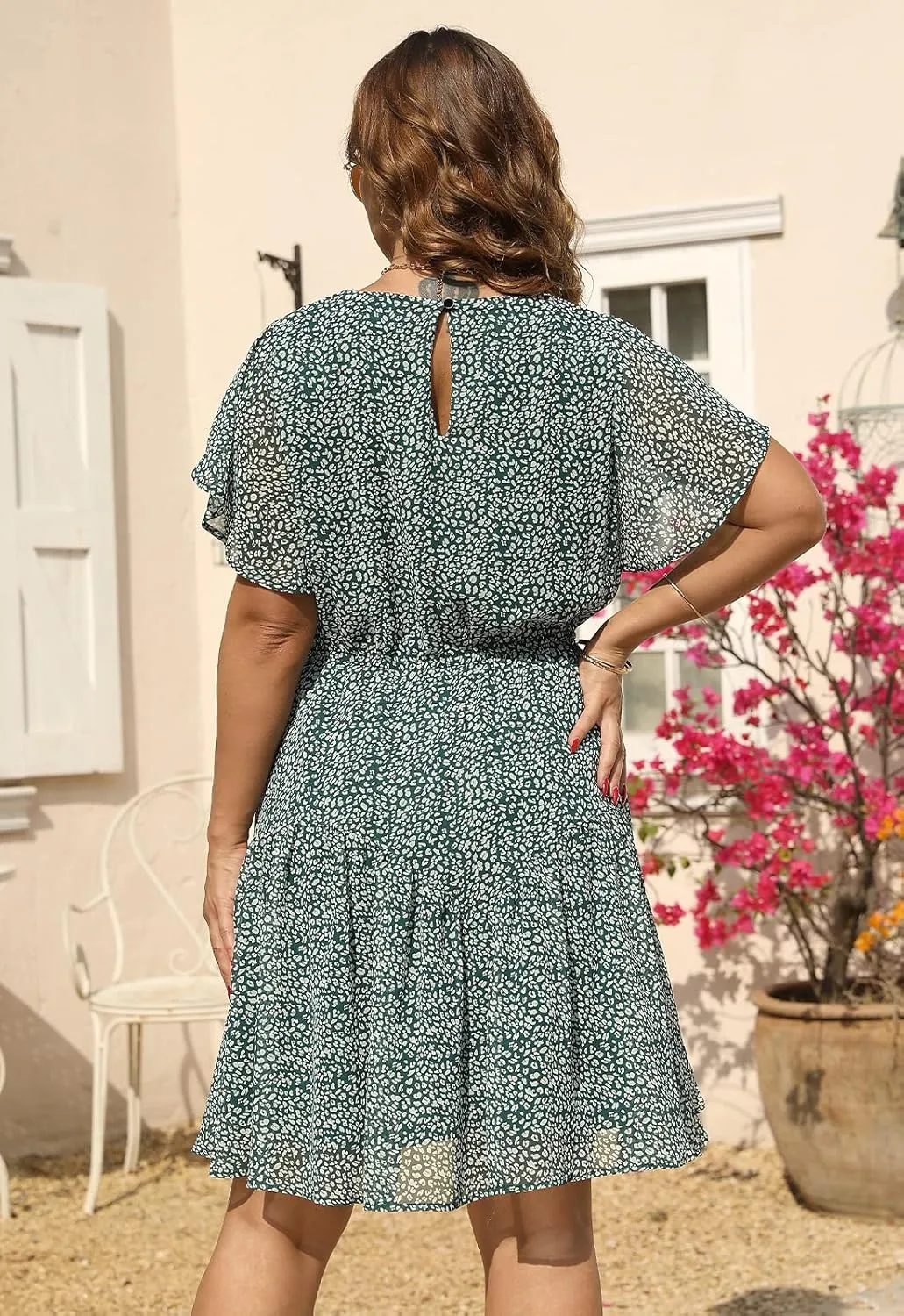 Nemidor Plus Size Summer Dresses for Curvy Women Casual Boho Midi Chiffon Print Floral Dress with Ruffle Sleeve 14-26