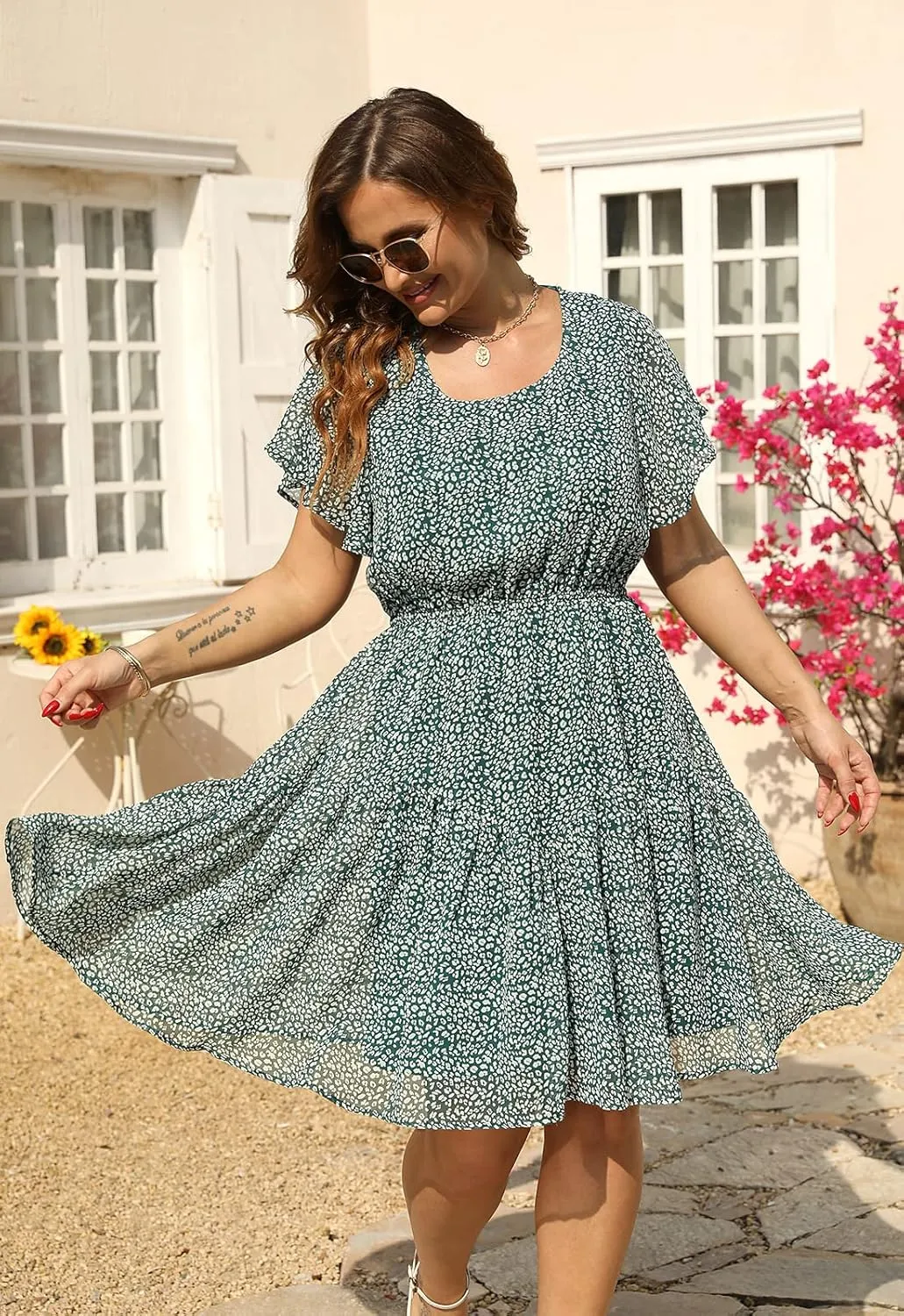 Nemidor Plus Size Summer Dresses for Curvy Women Casual Boho Midi Chiffon Print Floral Dress with Ruffle Sleeve 14-26