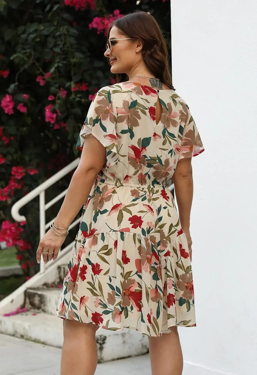 Nemidor Plus Size Summer Dresses for Curvy Women Casual Boho Midi Chiffon Print Floral Dress with Ruffle Sleeve 14-26