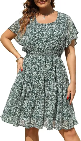 Nemidor Plus Size Summer Dresses for Curvy Women Casual Boho Midi Chiffon Print Floral Dress with Ruffle Sleeve 14-26