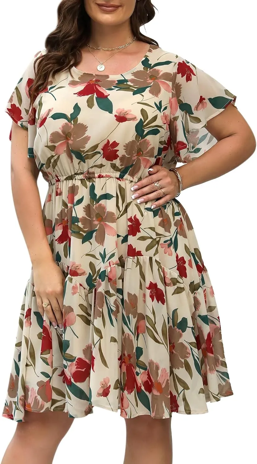 Nemidor Plus Size Summer Dresses for Curvy Women Casual Boho Midi Chiffon Print Floral Dress with Ruffle Sleeve 14-26