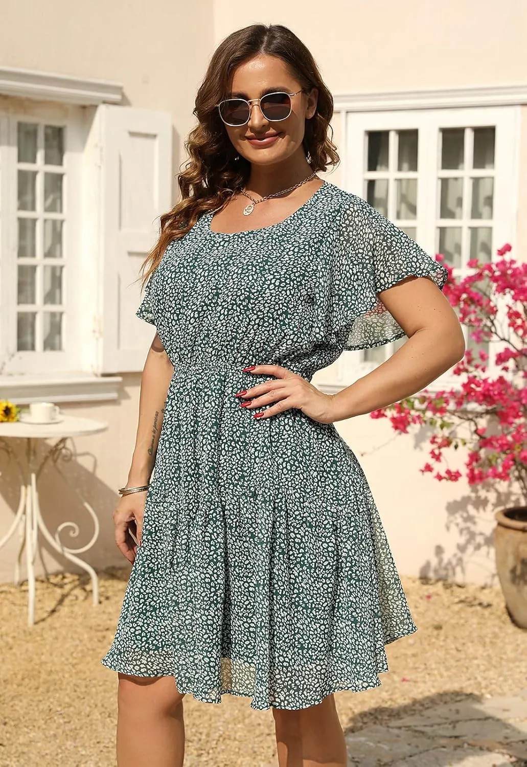 Nemidor Plus Size Summer Dresses for Curvy Women Casual Boho Midi Chiffon Print Floral Dress with Ruffle Sleeve 14-26