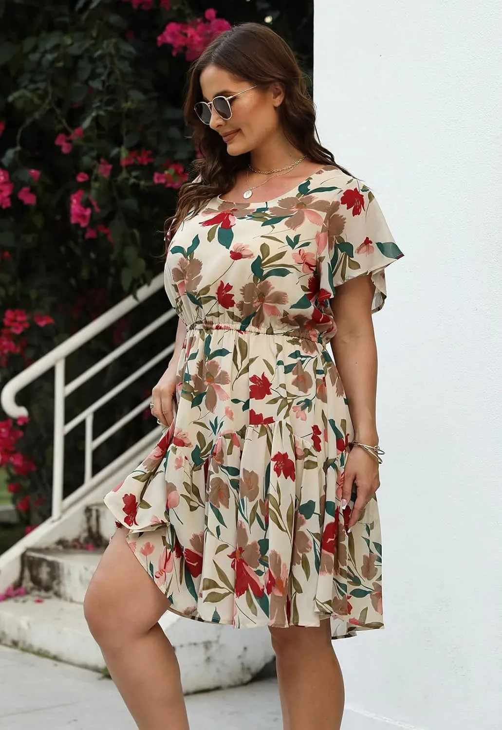 Nemidor Plus Size Summer Dresses for Curvy Women Casual Boho Midi Chiffon Print Floral Dress with Ruffle Sleeve 14-26
