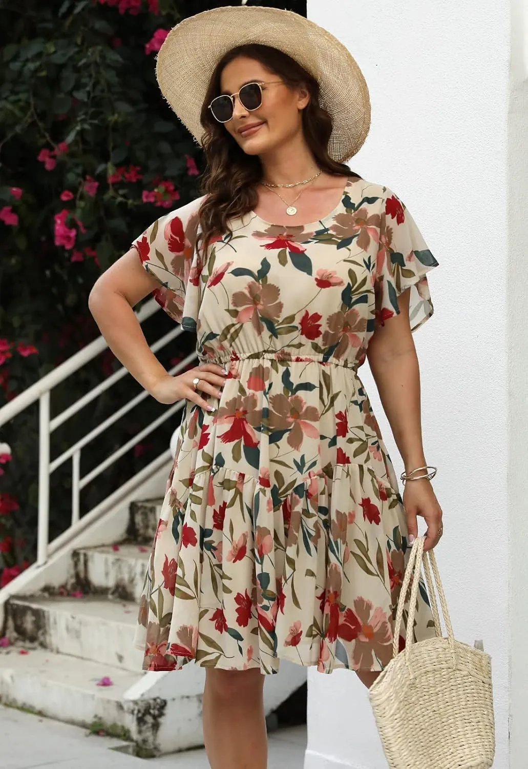 Nemidor Plus Size Summer Dresses for Curvy Women Casual Boho Midi Chiffon Print Floral Dress with Ruffle Sleeve 14-26
