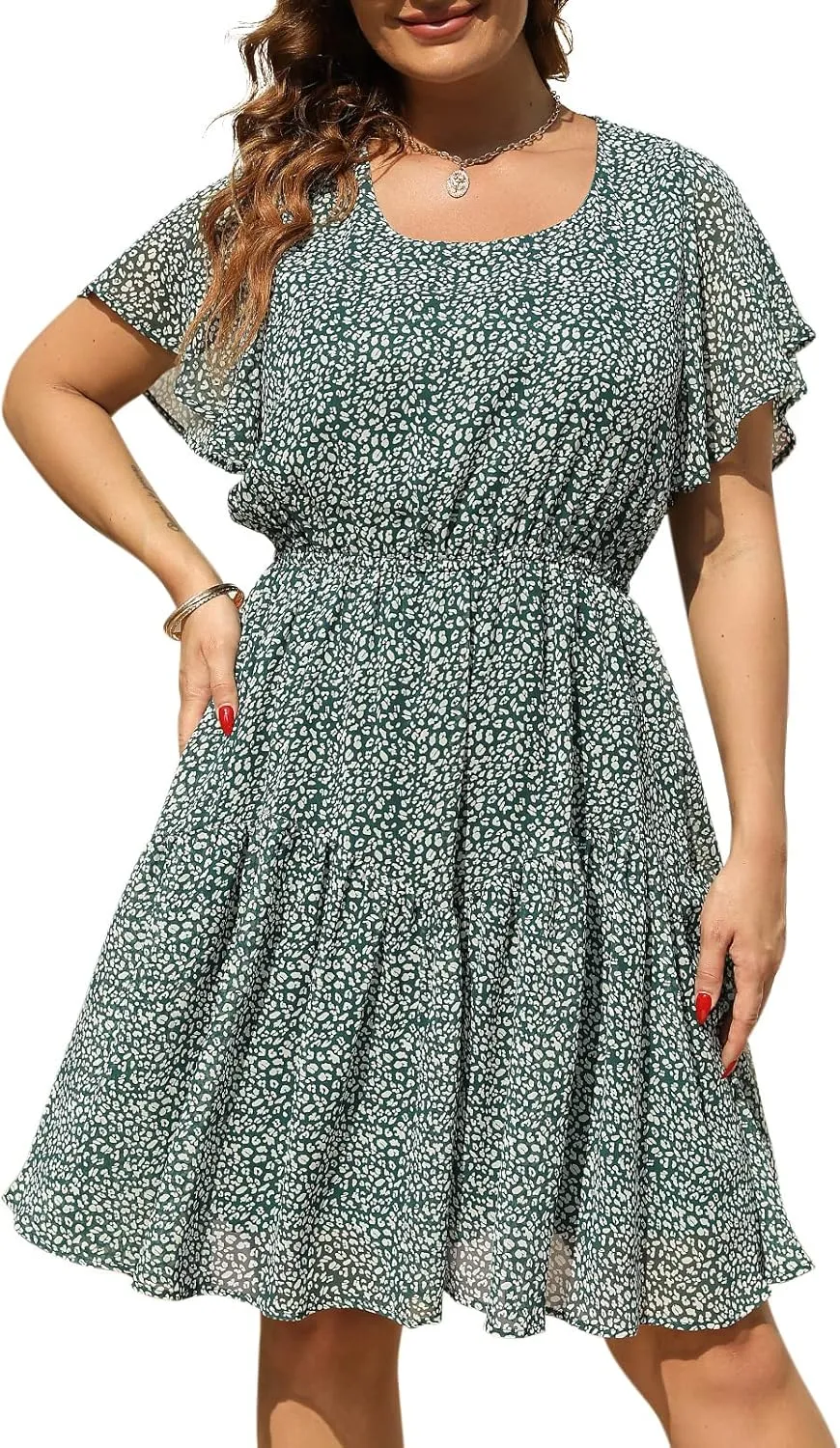 Nemidor Plus Size Summer Dresses for Curvy Women Casual Boho Midi Chiffon Print Floral Dress with Ruffle Sleeve 14-26