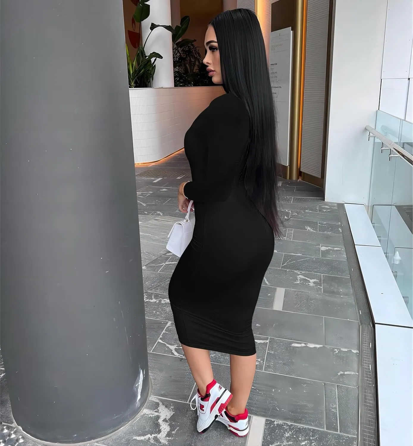 Nimsruc Womens Autumn Casual Sexy Long Sleeves Bodycon Dress Basic Pencil Midi Club Dresses