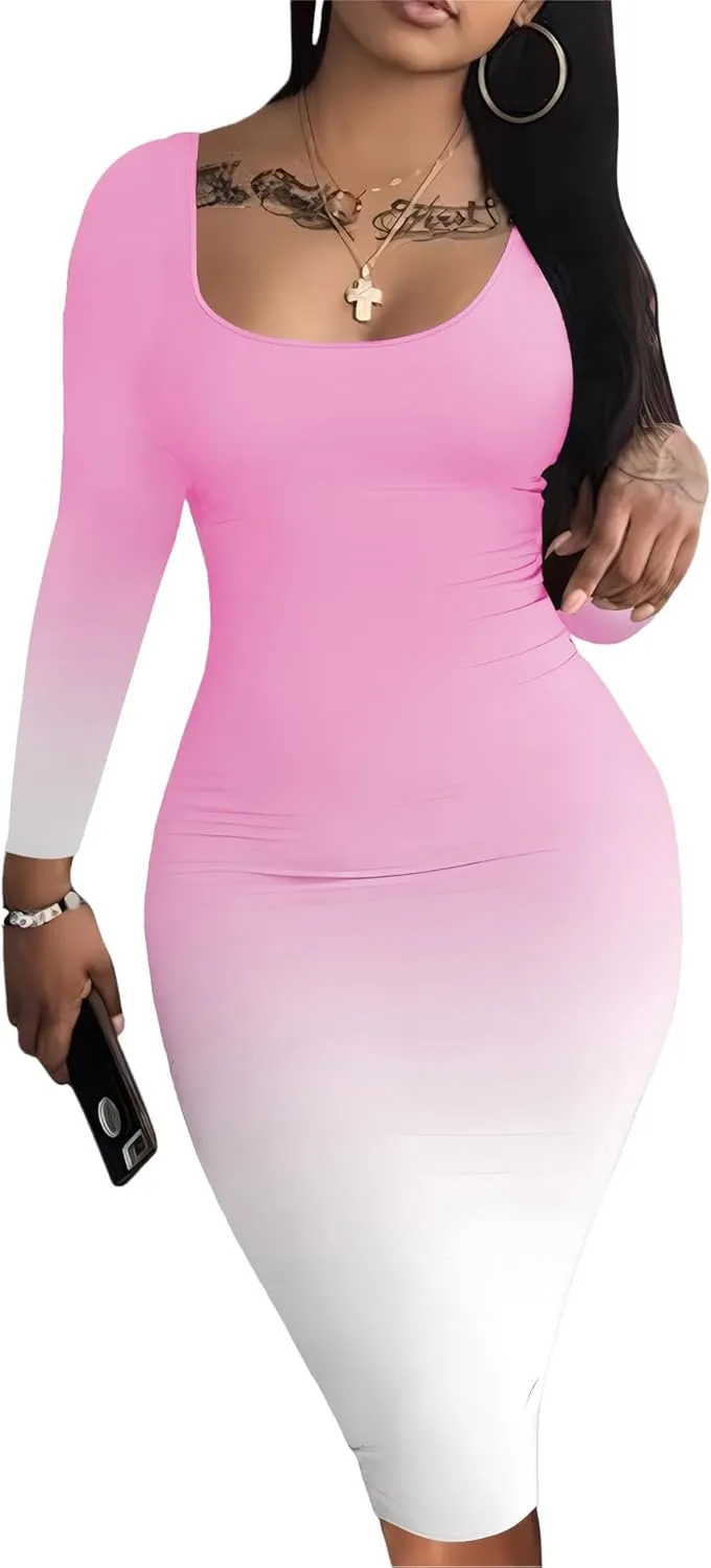 Nimsruc Womens Autumn Casual Sexy Long Sleeves Bodycon Dress Basic Pencil Midi Club Dresses