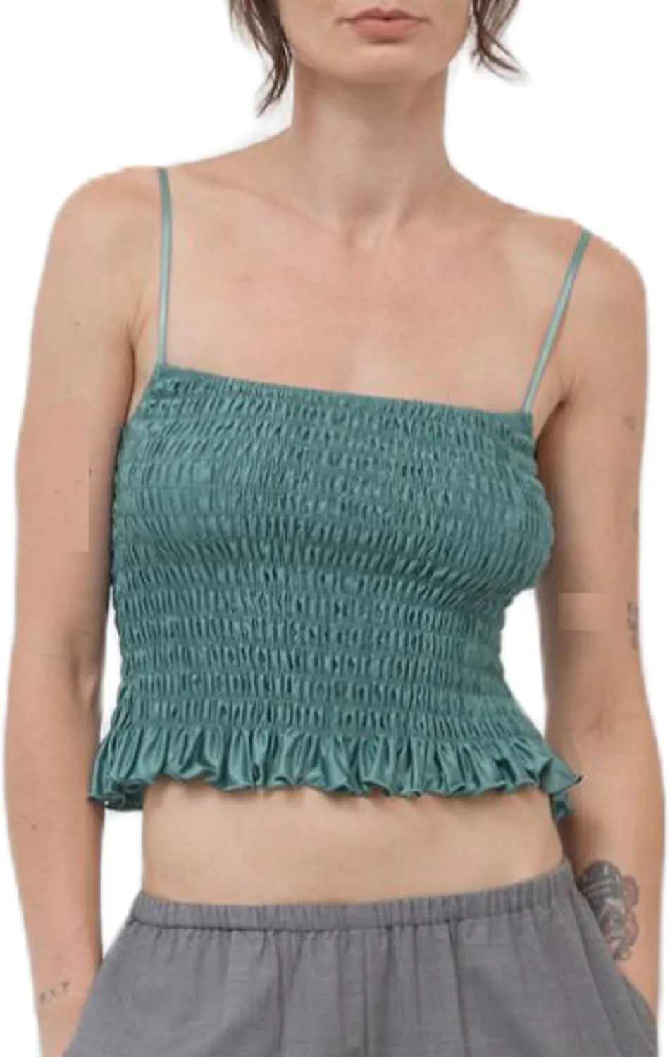 NUFIWI Women Shirred Cami Backless Spaghetti Strap Crop Top Smocked Sleeveless Sexy Ruched Tank Tops Trendy Streetwear