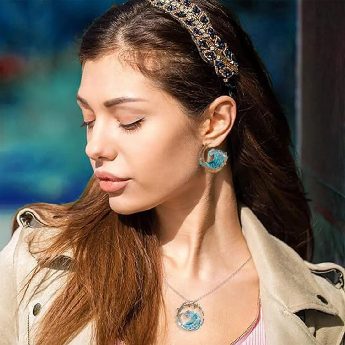 Ocean's Oath Jewelry Set, Romance From The Sea-Ocean's Oath Necklace Earrings Rings Set, Boho Summer Wave Jewelry Gift