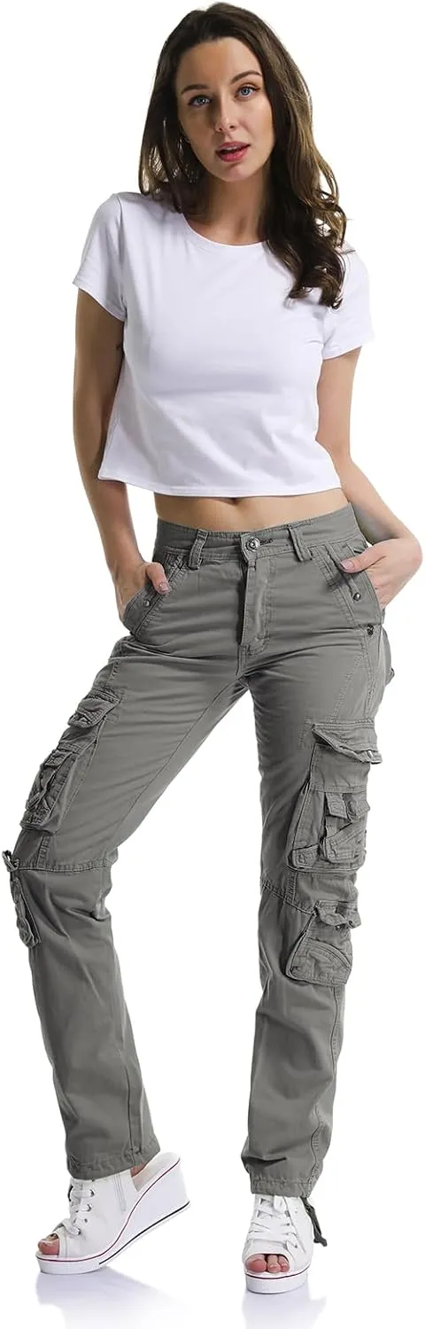 OCHENTA Women's Cotton Casual Cargo Work Pants Travel Hiking Baggy Y2K with Multi Pockets
