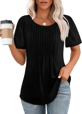 OFEEFAN Womens T Shirts Short Sleeve Pleated Dressy Casual Scooped Neck Summer Tops Blouses