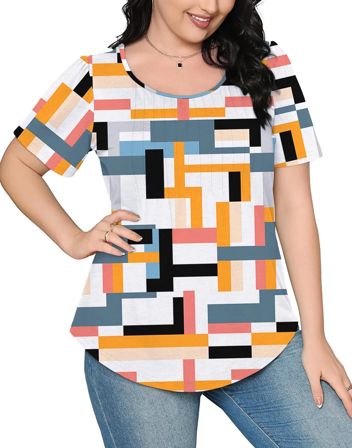 OFEEFAN Womens T Shirts Short Sleeve Pleated Dressy Casual Scooped Neck Summer Tops Blouses