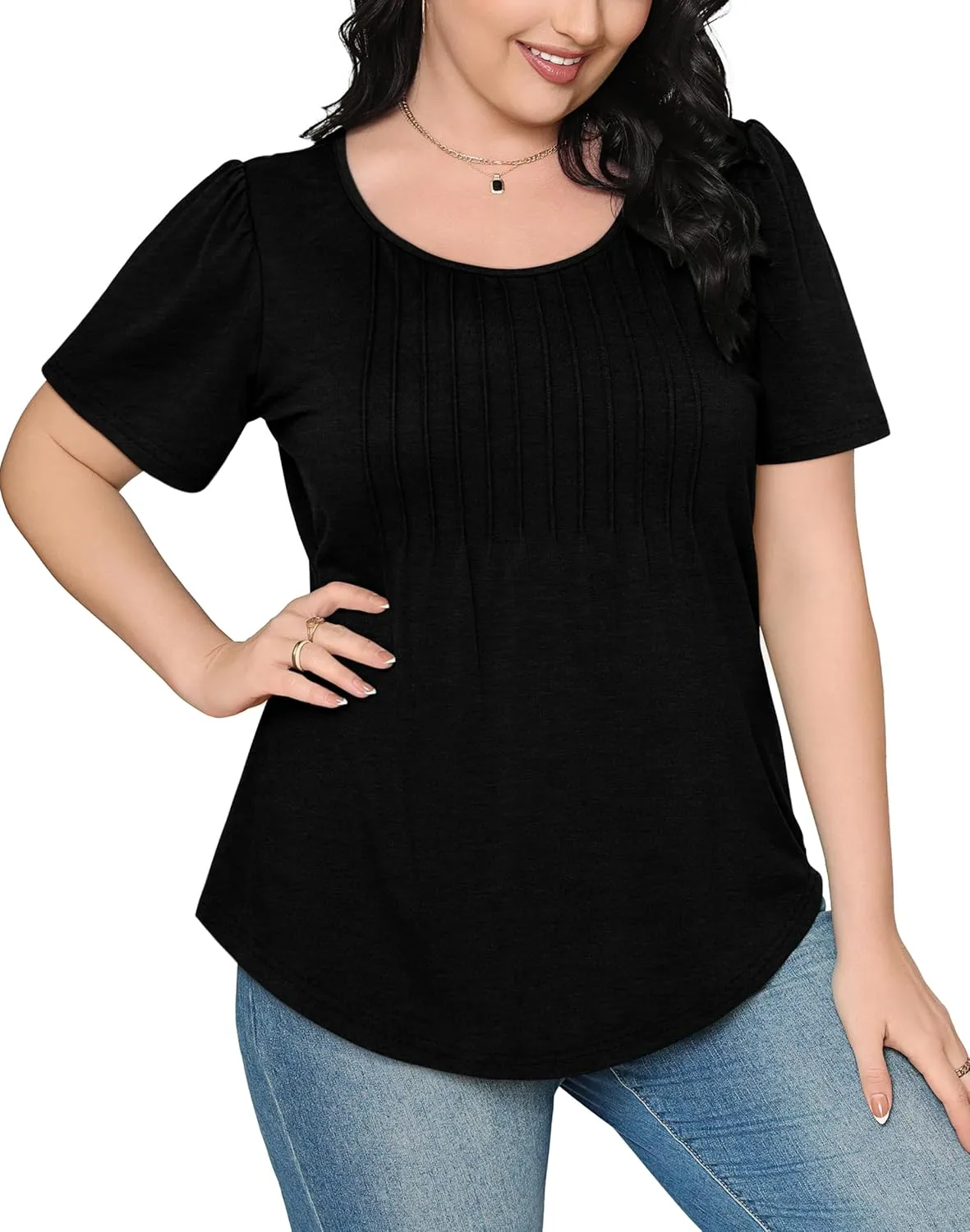 OFEEFAN Womens T Shirts Short Sleeve Pleated Dressy Casual Scooped Neck Summer Tops Blouses