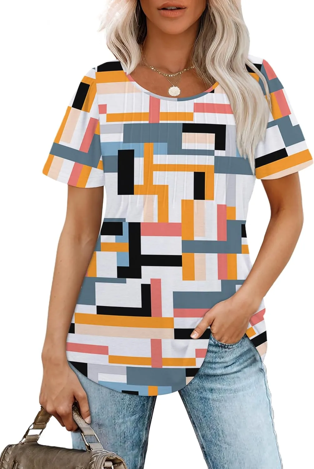 OFEEFAN Womens T Shirts Short Sleeve Pleated Dressy Casual Scooped Neck Summer Tops Blouses