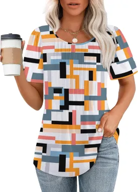OFEEFAN Womens T Shirts Short Sleeve Pleated Dressy Casual Scooped Neck Summer Tops Blouses