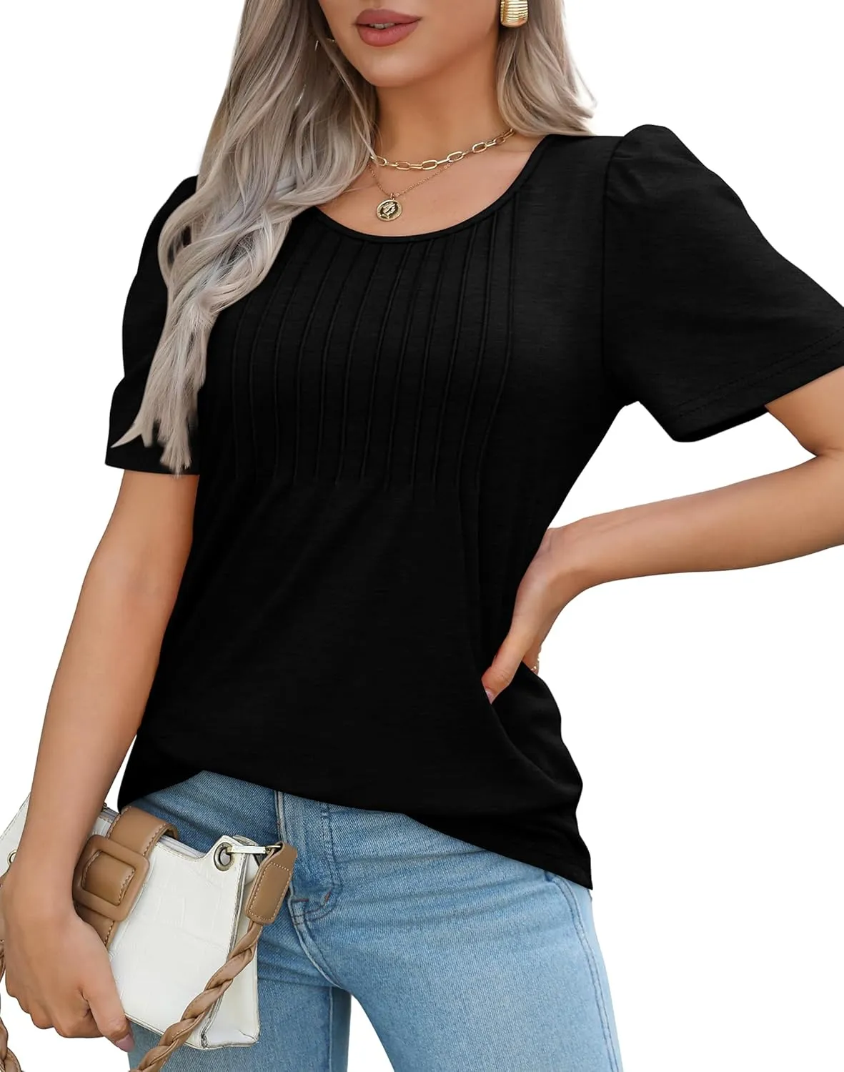 OFEEFAN Womens T Shirts Short Sleeve Pleated Dressy Casual Scooped Neck Summer Tops Blouses