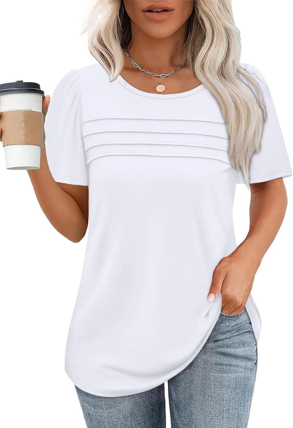 OFEEFAN Womens T Shirts Short Sleeve Tops Dressy Casual Blouses Spring Summer Outfits Flowy Pleated Front Scooped Neck