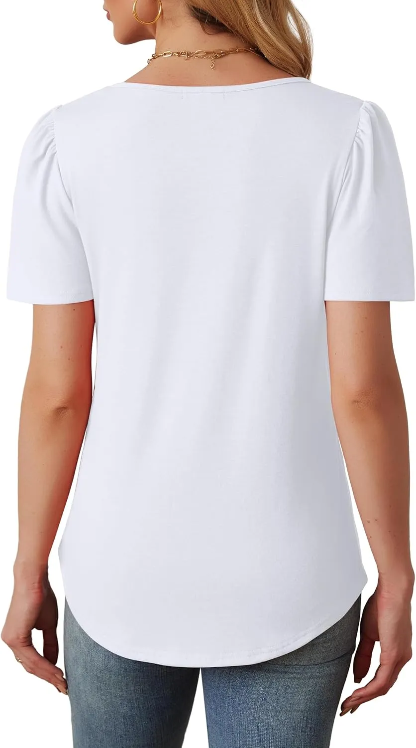 OFEEFAN Womens T Shirts Short Sleeve Tops Dressy Casual Blouses Spring Summer Outfits Flowy Pleated Front Scooped Neck