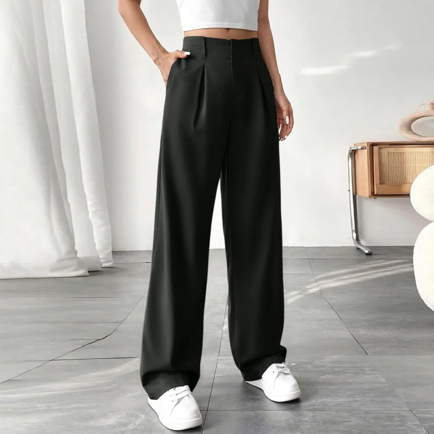Palazzo Pants for Women Summer Casual Flowy Wide Leg Pants High Waisted Ladies Lightweight Work Pant with Pockets