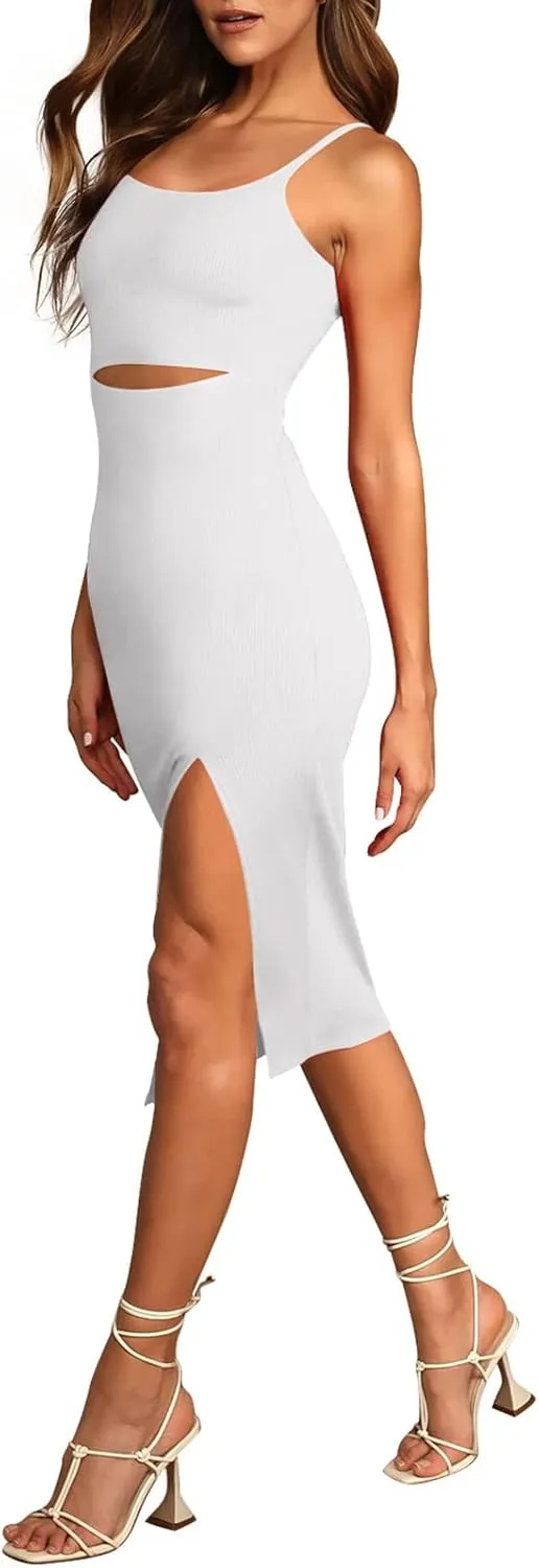 Pink Queen Women's Spaghetti Strap Cutout Side Slit Ribbed Knee Length Bodycon Midi Dress