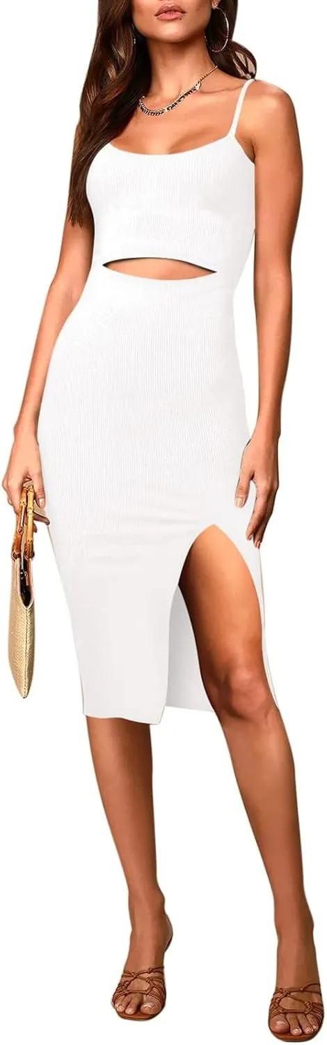 Pink Queen Women's Spaghetti Strap Cutout Side Slit Ribbed Knee Length Bodycon Midi Dress
