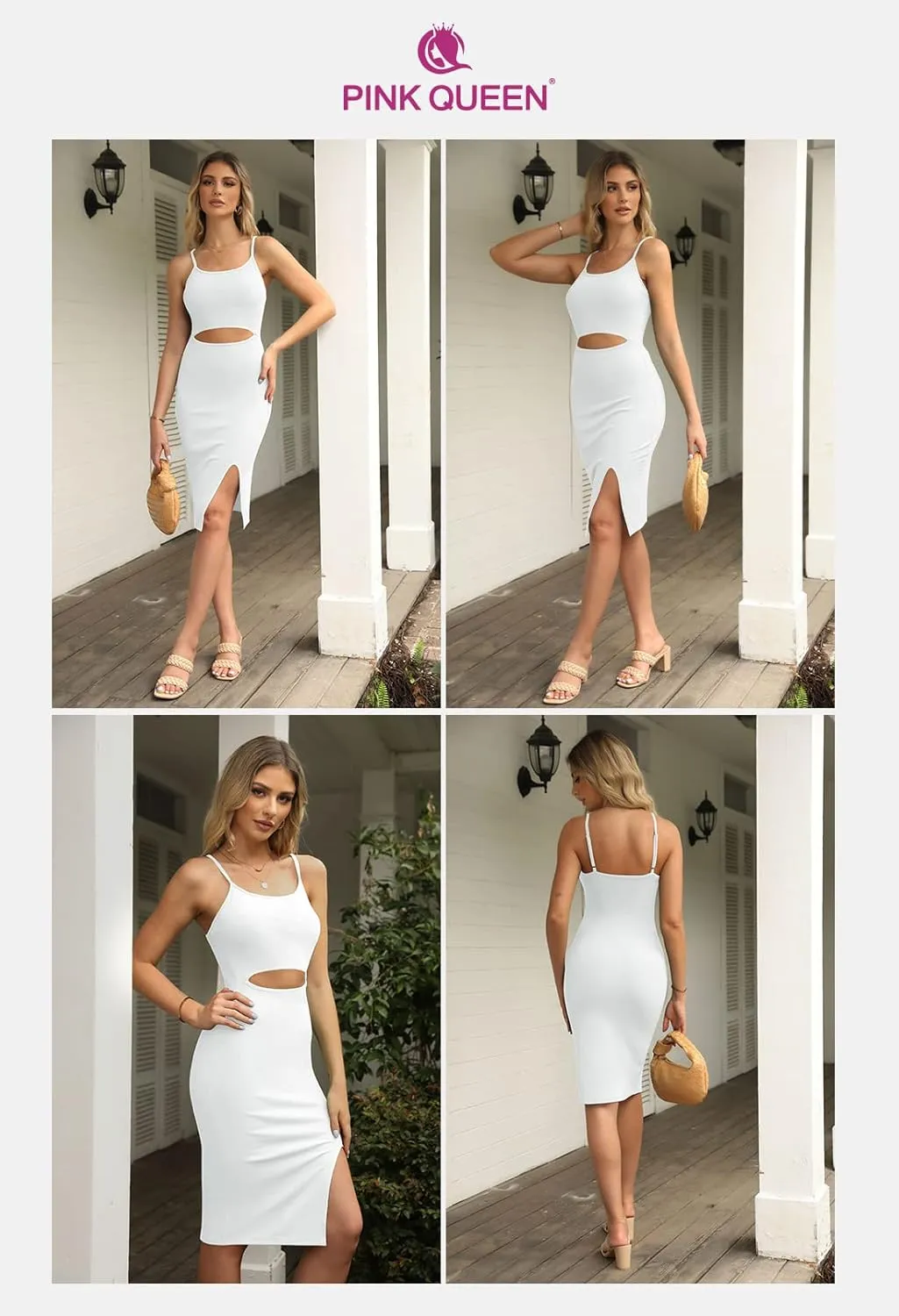 Pink Queen Women's Spaghetti Strap Cutout Side Slit Ribbed Knee Length Bodycon Midi Dress